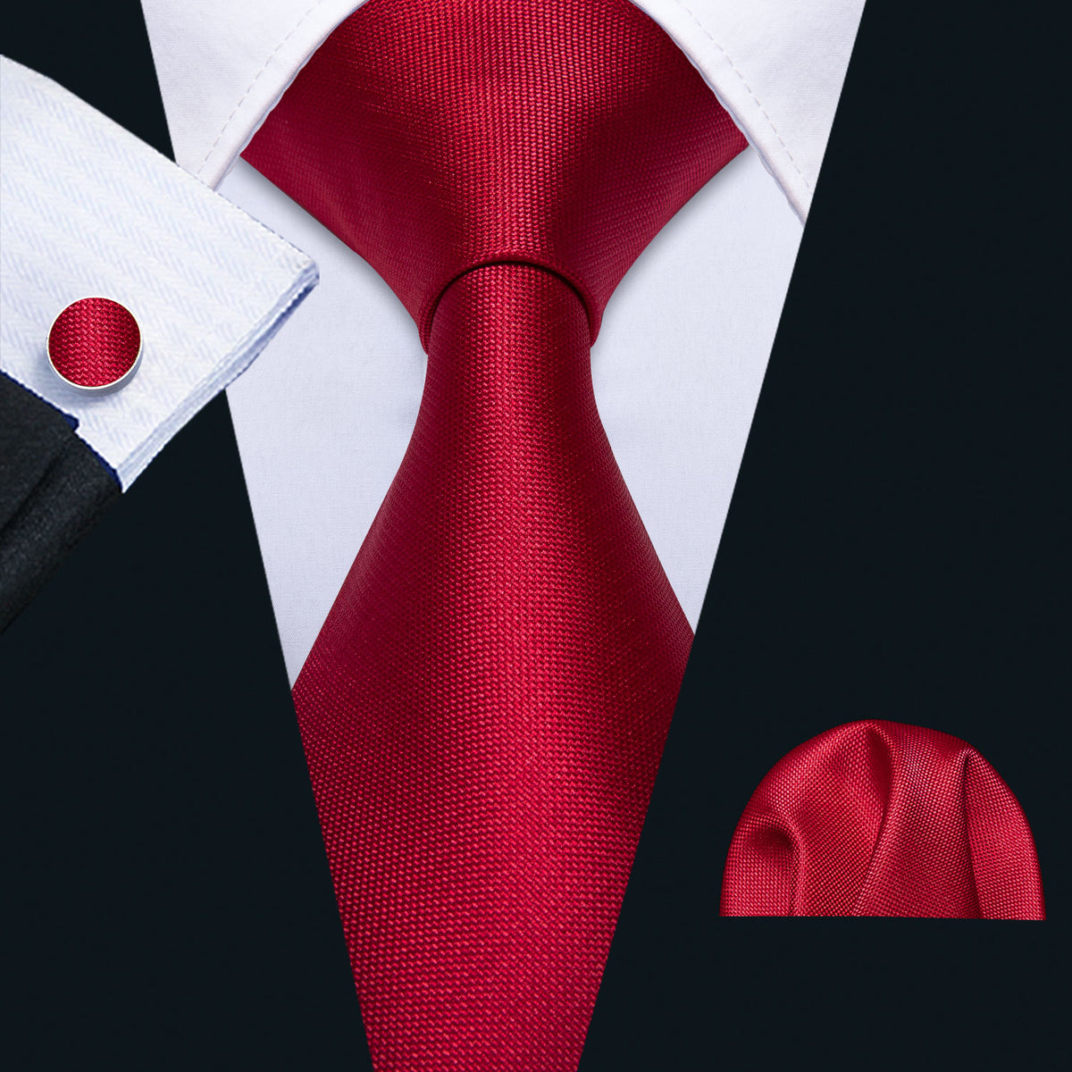 Red Solid Tie Hanky Cufflinks Set