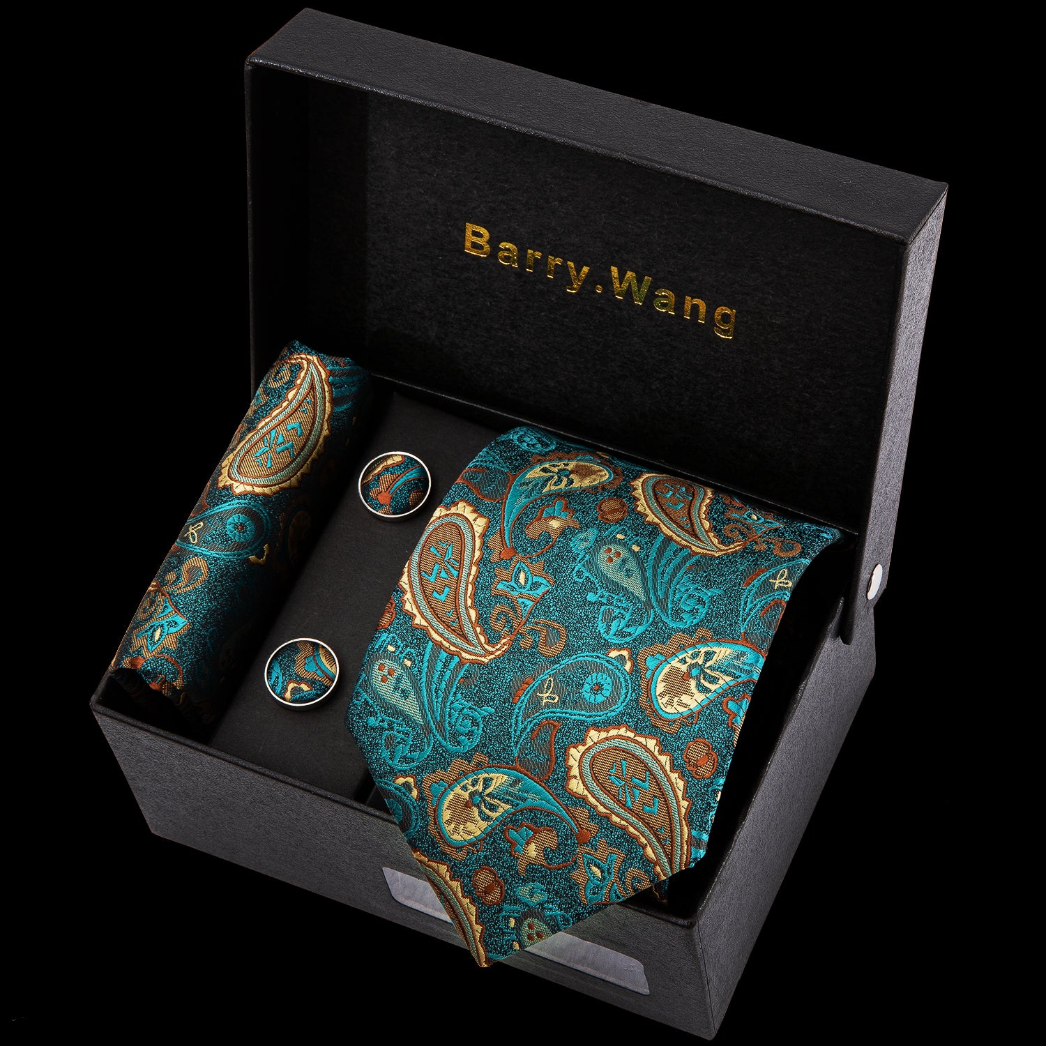 Barry Wang Green Brown Paisley Necktie Alloy Lapel Pin Brooch Pocket Square Cufflinks Gift Box Set