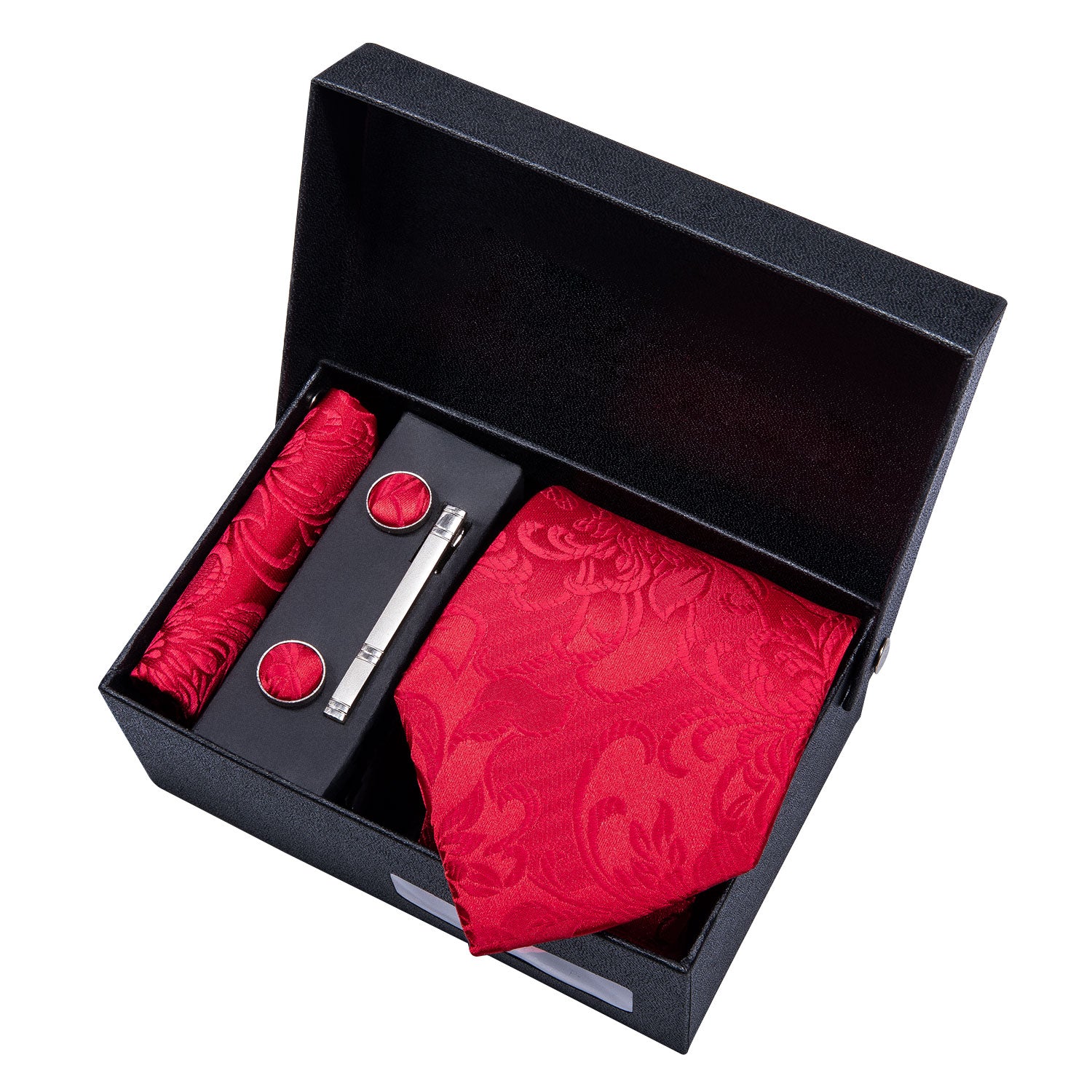 Red Floral Necktie Pocket Square Cufflink Clip Gift Box Set