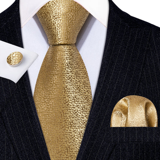 4PCS Gold Solid Silk Necktie Pocket Square Cufflinks Set