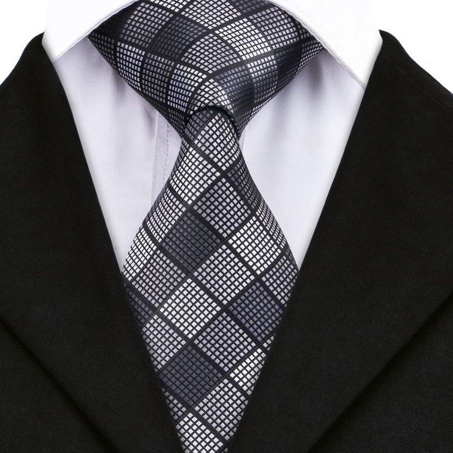 Black White Plaid Tie Pocket Square Cufflinks Set - barry-wang