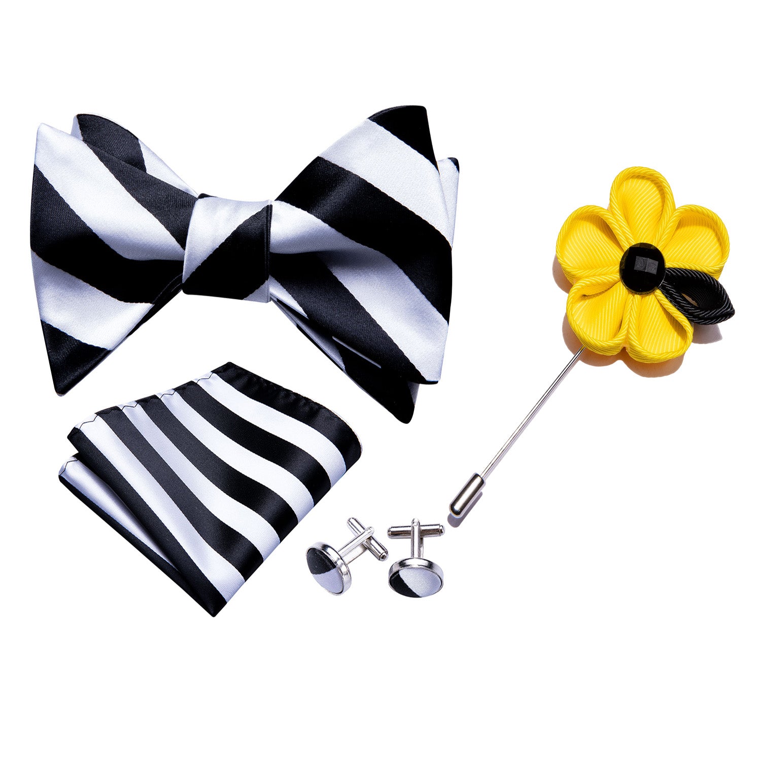  Men Black White Stripe Self Tie Bow Tie and tie bar