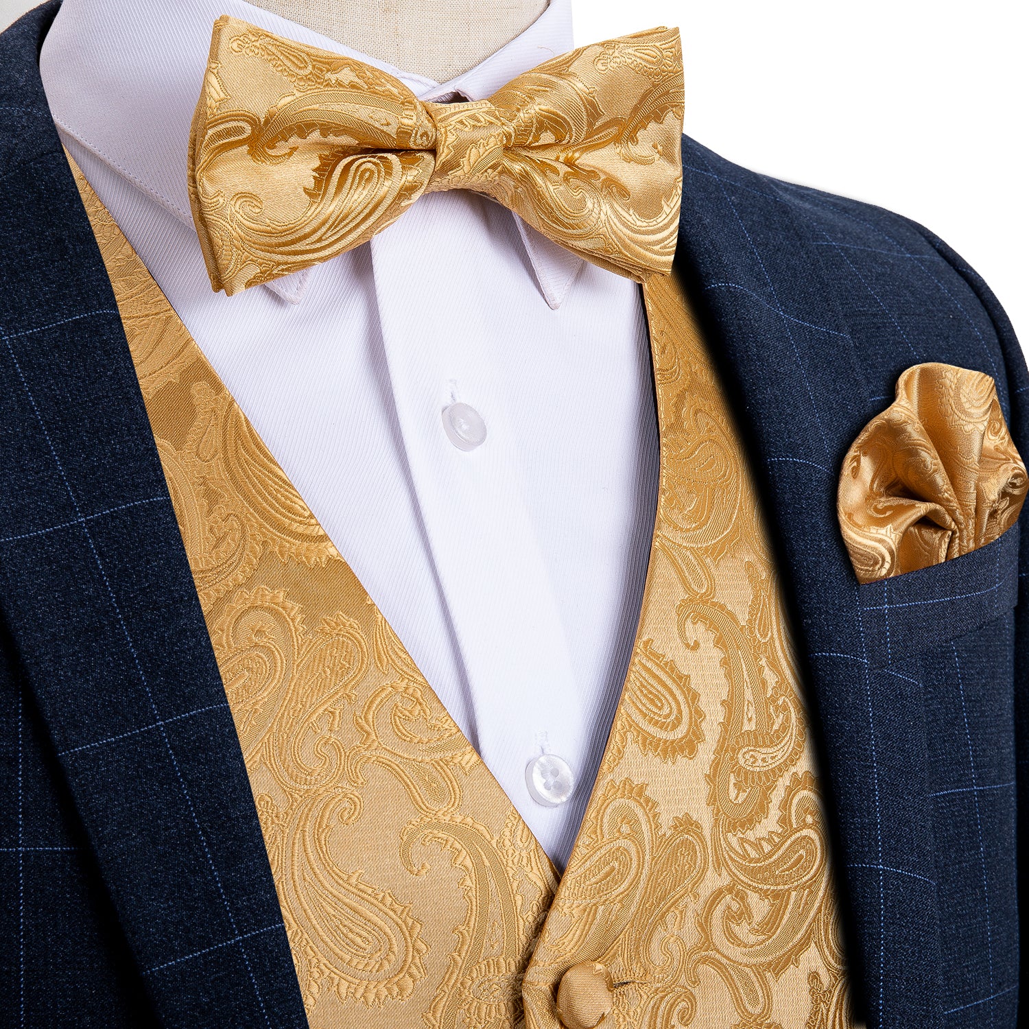 Men's Golden Paisley Silk Vest Bow tie Pocket square Cufflinks Set