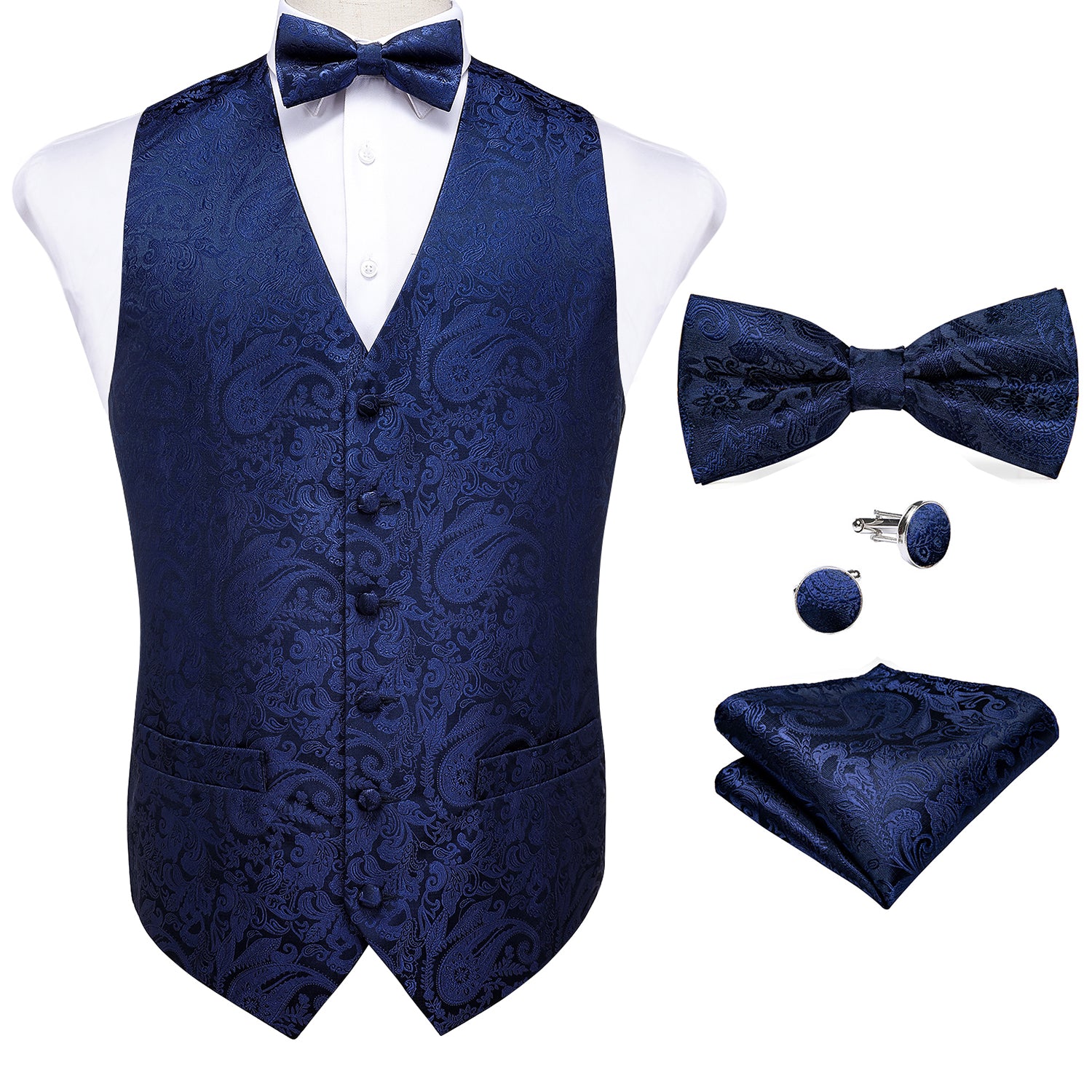 Men's Blue Paisley Silk Vest Bow Tie Pocket square Cufflinks