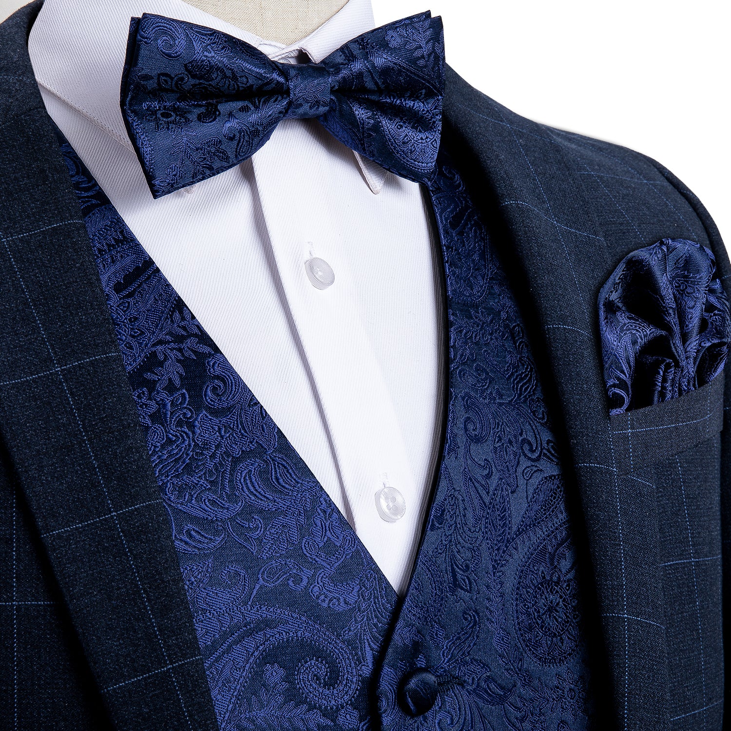 Men's Blue Paisley Silk Vest Bow Tie Pocket square Cufflinks