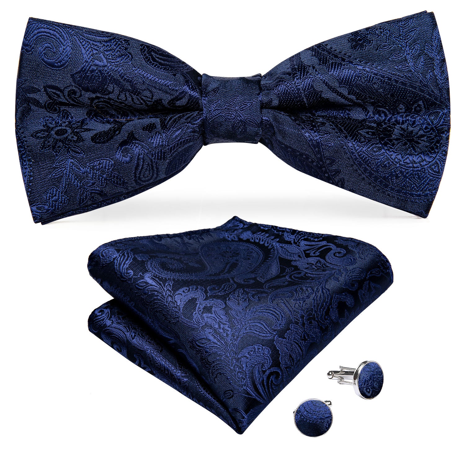 Men's Blue Paisley Silk Vest Bow Tie Pocket square Cufflinks