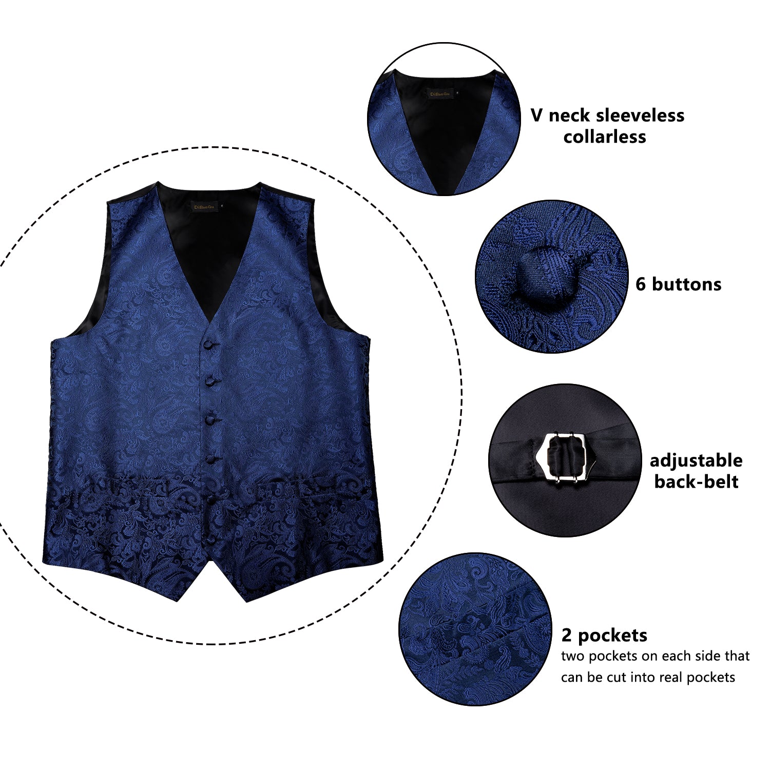 Men's Blue Paisley Silk Vest Bow Tie Pocket square Cufflinks