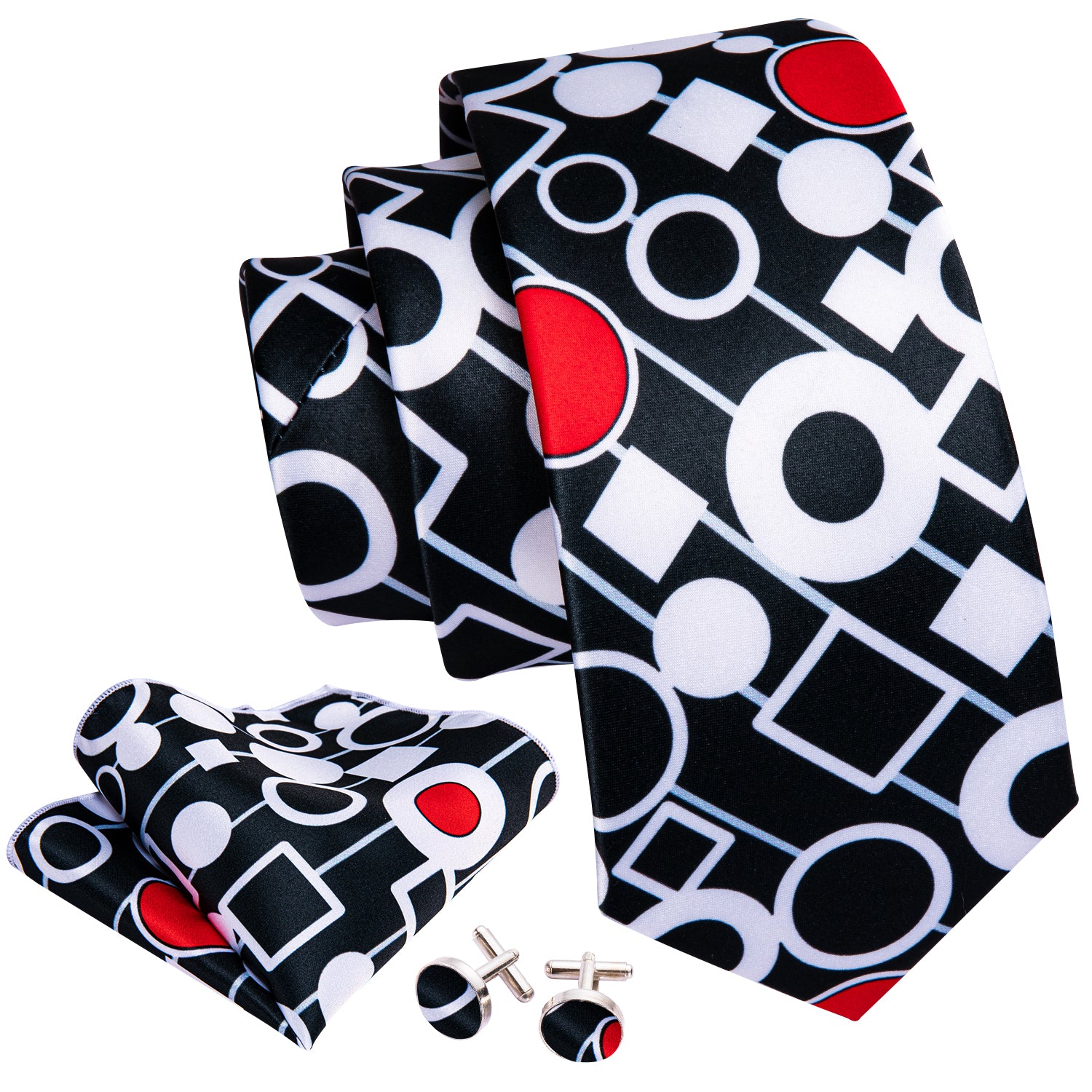 Black White Red Novelty Silk Tie Hanky Cufflinks Set