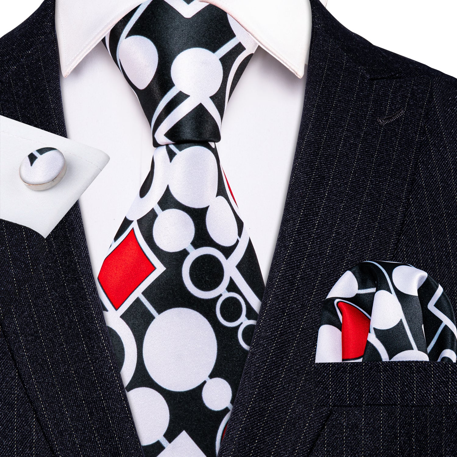 Black White Red Novelty Silk Tie Hanky Cufflinks Set