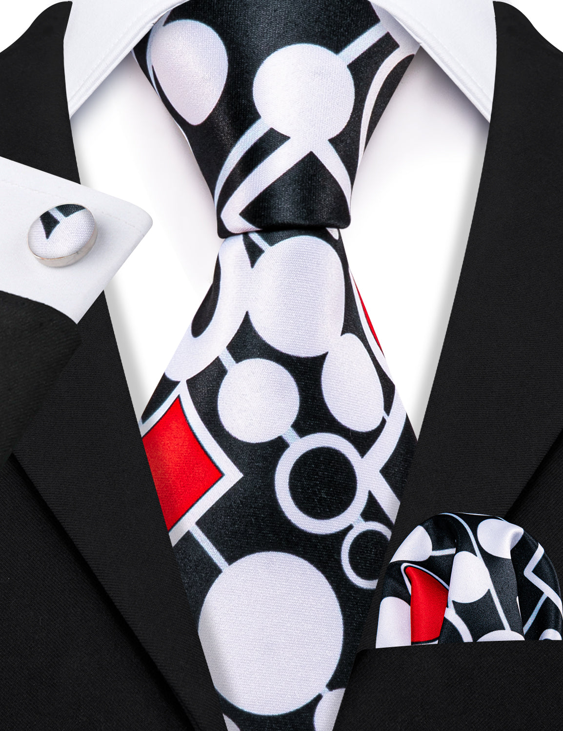 Black White Red Novelty Silk Tie Hanky Cufflinks Set