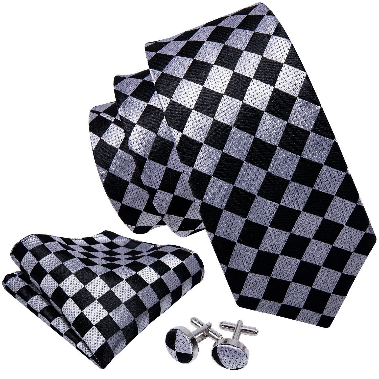 Awesome Black Plaid Tie Pocket Square Cufflinks Set