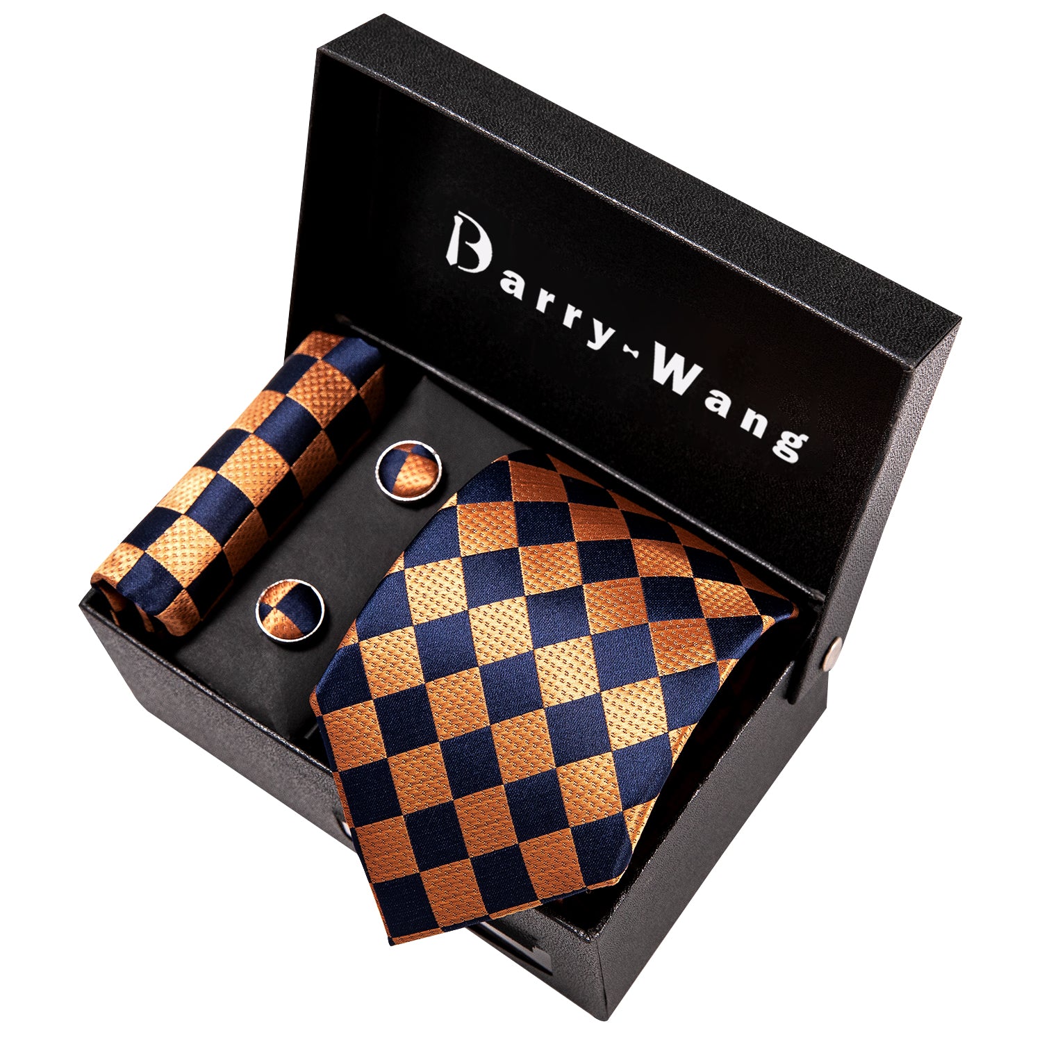 Barry Wang Orange Black Plaid Tie Pocket Square Cufflinks Gift Box Set