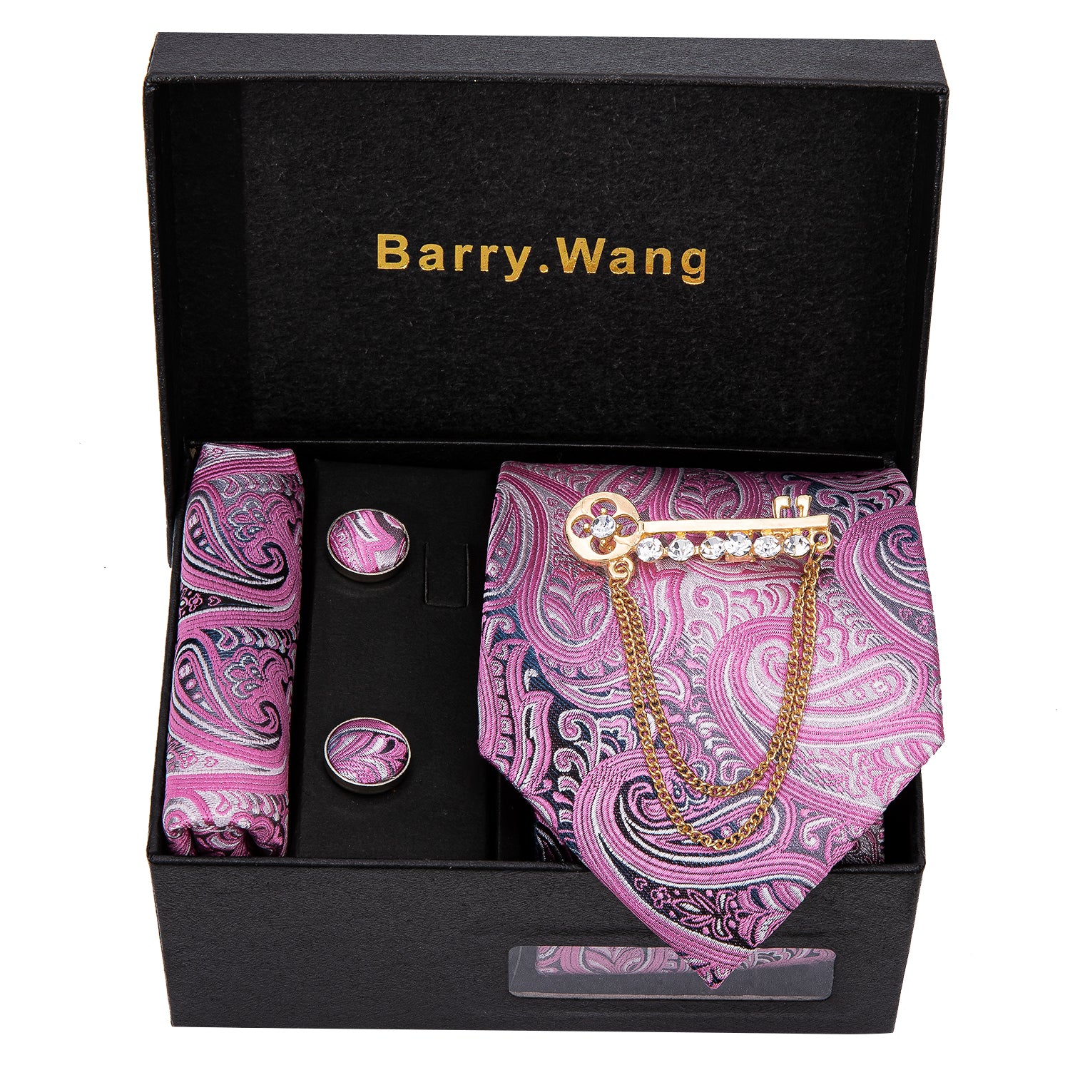 Pink Paisley Necktie Alloy Lapel Pin Brooch Pocket Square Cufflinks Gift Box Set