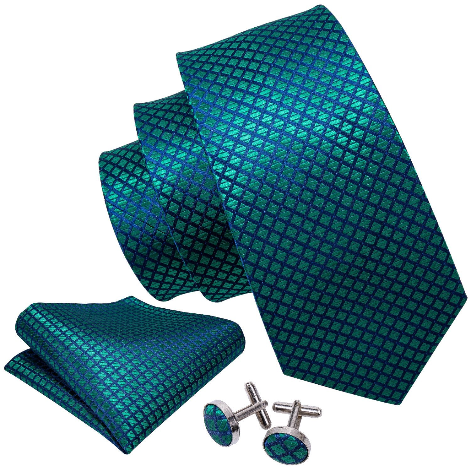 Teal Blue Plaid Necktie Pocket Square Cufflink Clip Gift Box Set