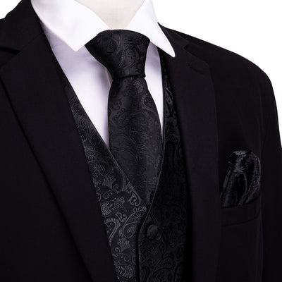 Men's Black Paisley Silk Vest Necktie Pocket square Cufflinks