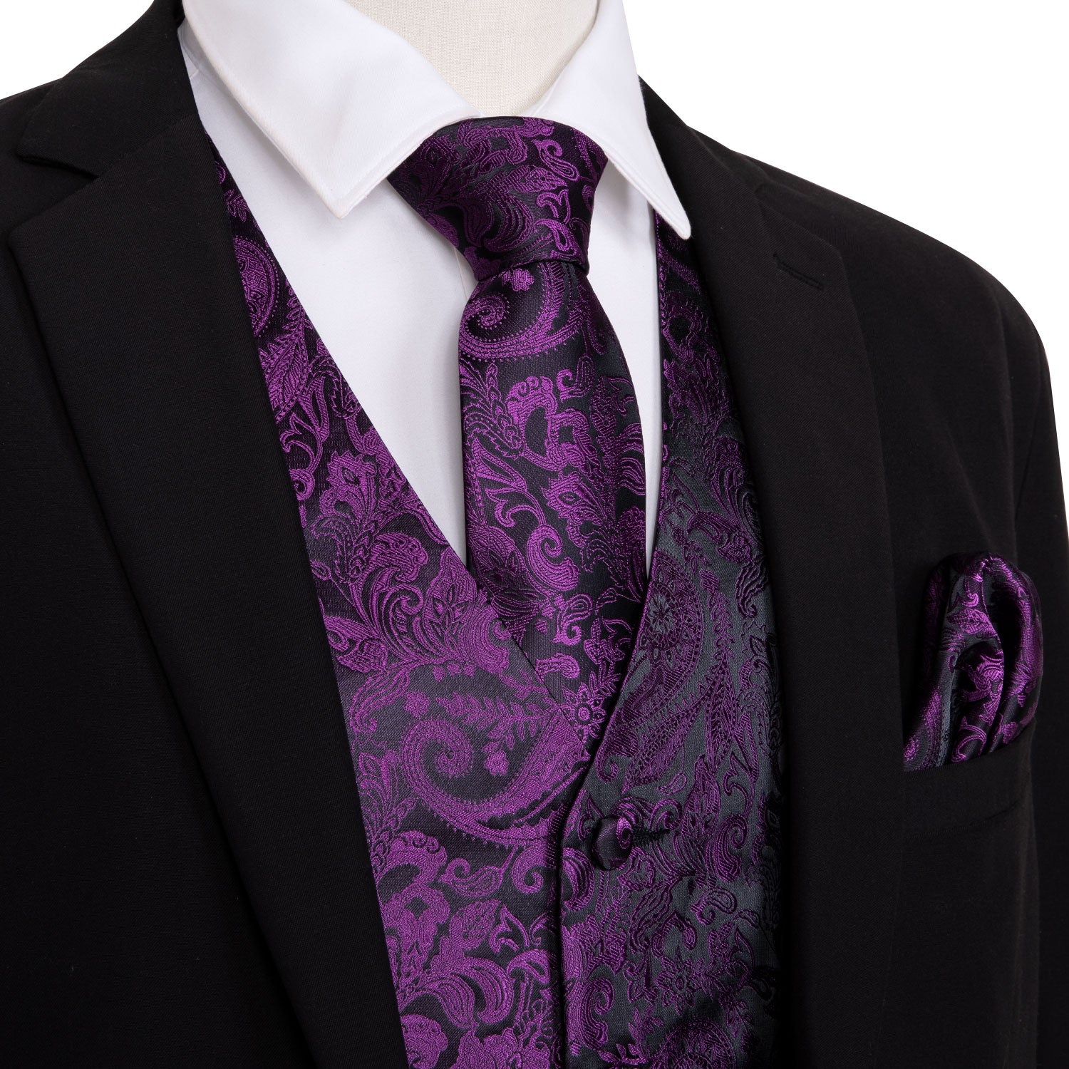 Purple jacquard Floral black waistcoat  set quilted vest black suit with vest