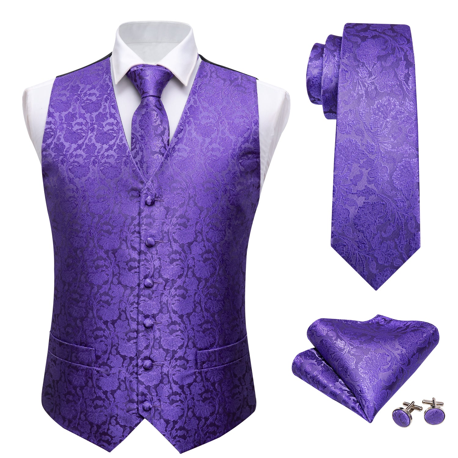 Men\'s Lavender Purple Floral square Vest Necktie Silk Cufflinks Pocket
