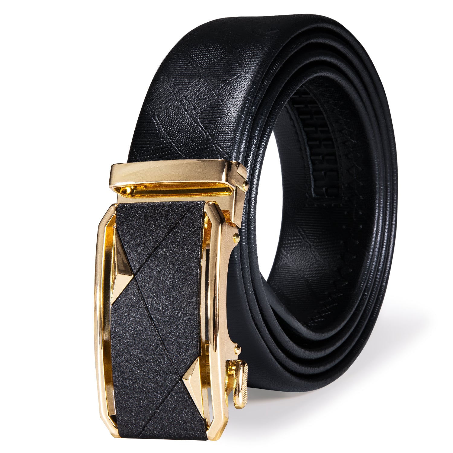 Novelty Golden Black Rectangle Metal Buckle Genuine Leather Belt 43 in