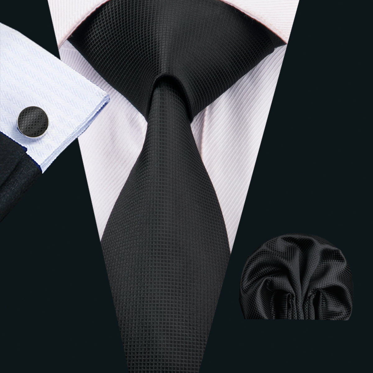 Solid Tie Pocket Square Cufflinks Set