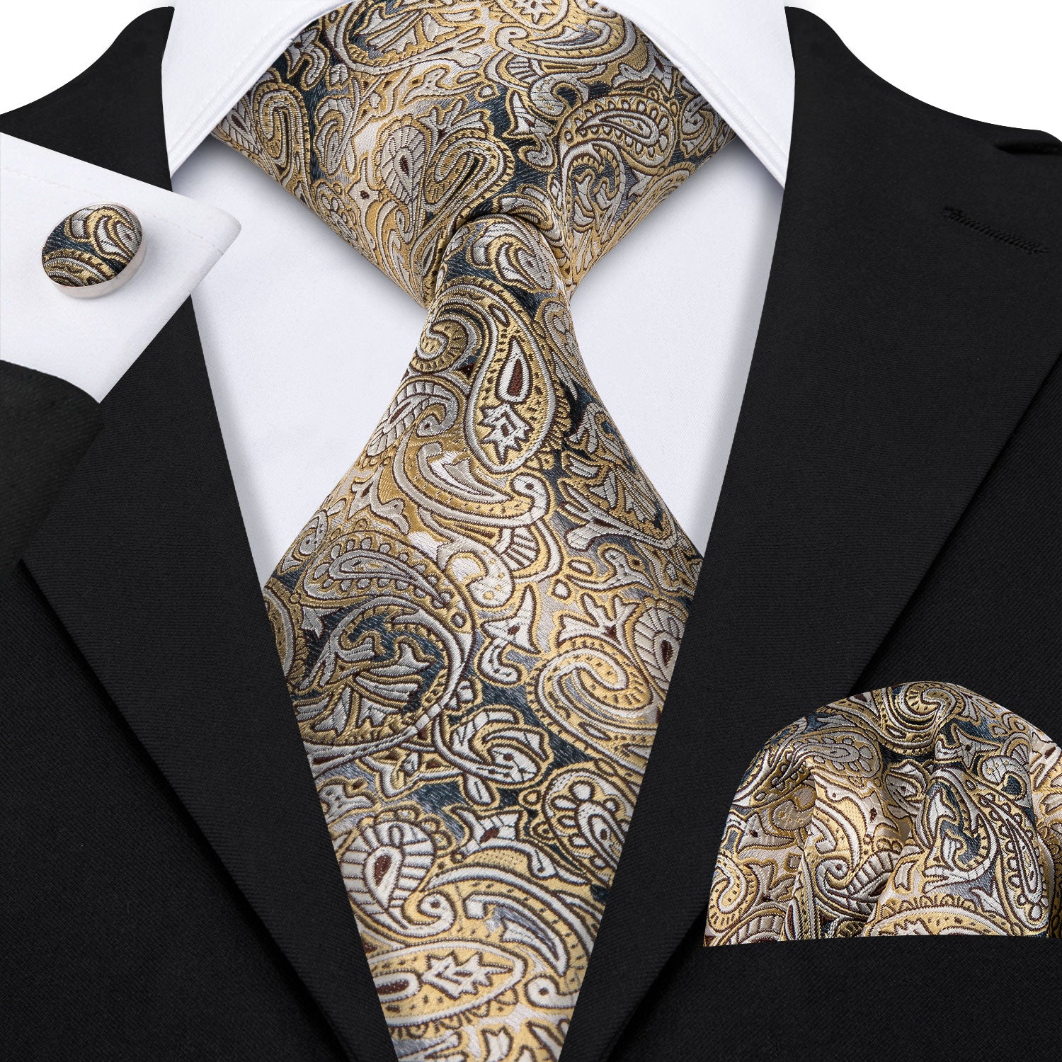 Yellow Grey Paisley Tie Pocket Square Cufflinks Set