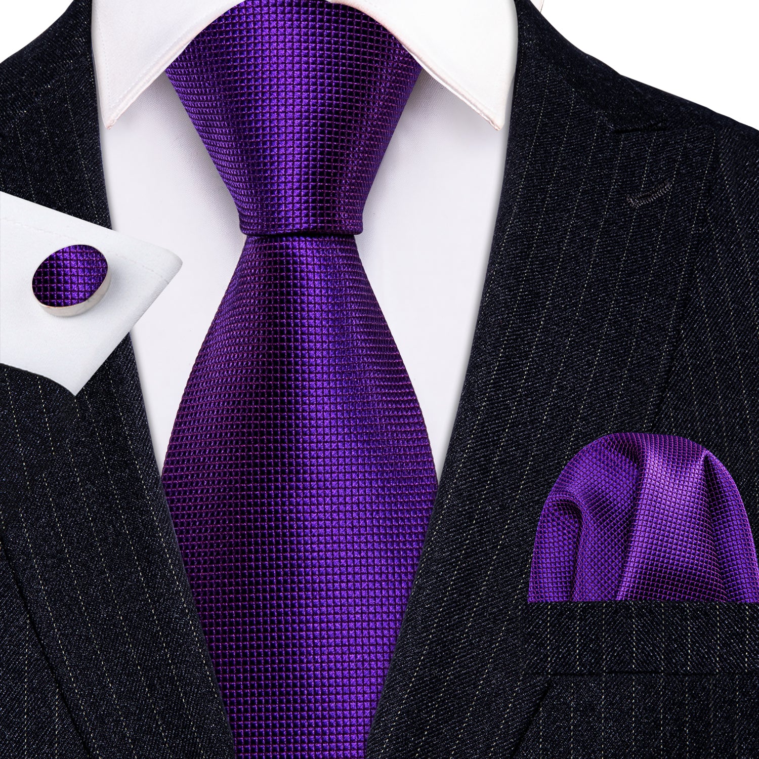 Solid Tie Pocket Square Cufflinks Set