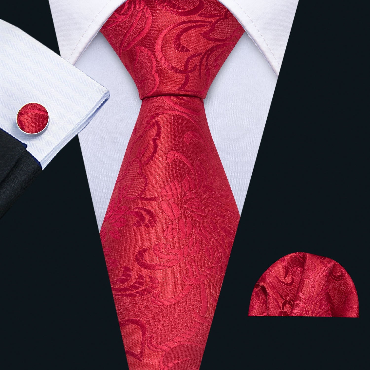 Red Floral Necktie Pocket Square Cufflink Clip Gift Box Set