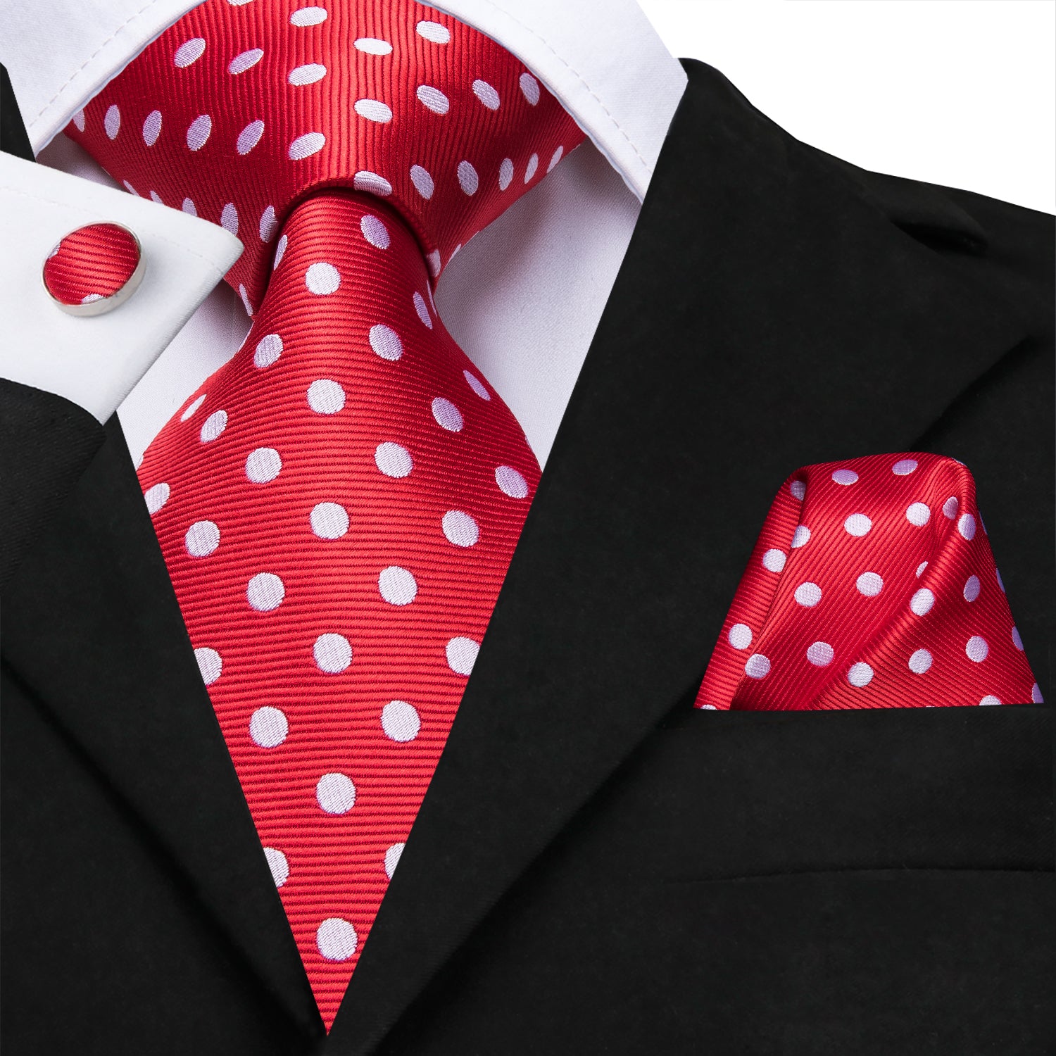 Red White Polka Dot Tie Pocket Square Cufflinks Set