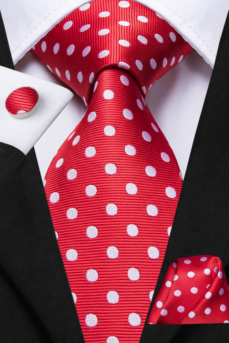 Red White Polka Dot Tie Pocket Square Cufflinks Set