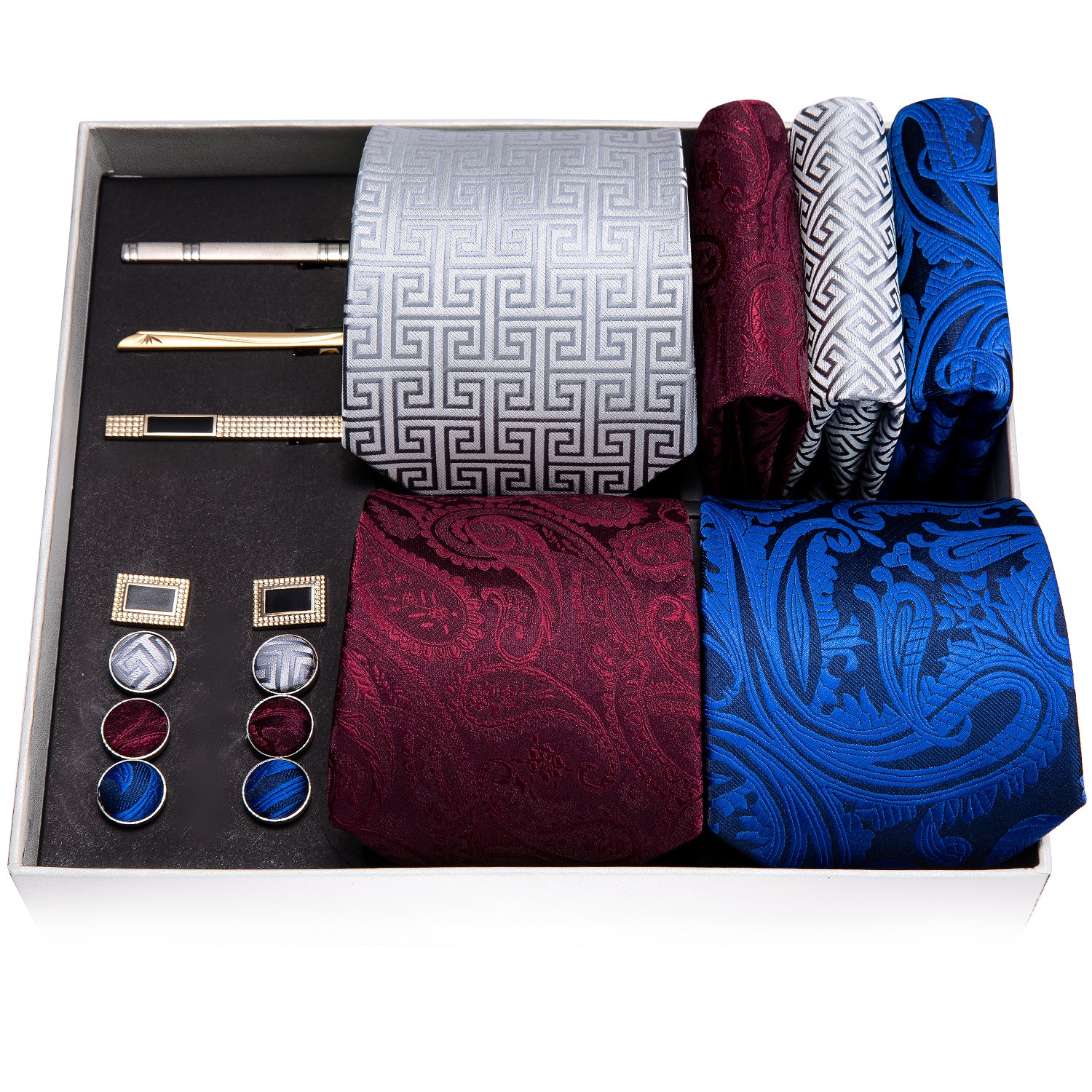 Barry Wang Blue Burgundy Silver Paisley Silk Wedding Necktie Pocket Square Gift Box Set