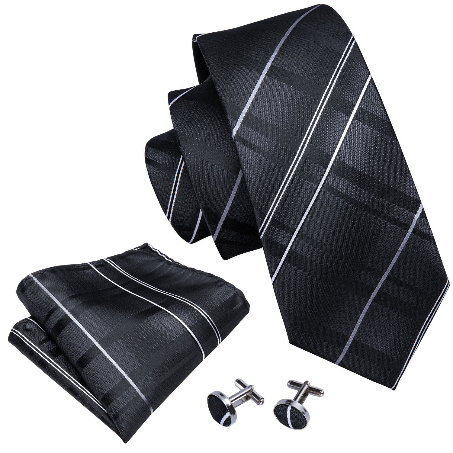 Grey Striped Necktie Pocket Square Cufflink Clip Gift Box Set