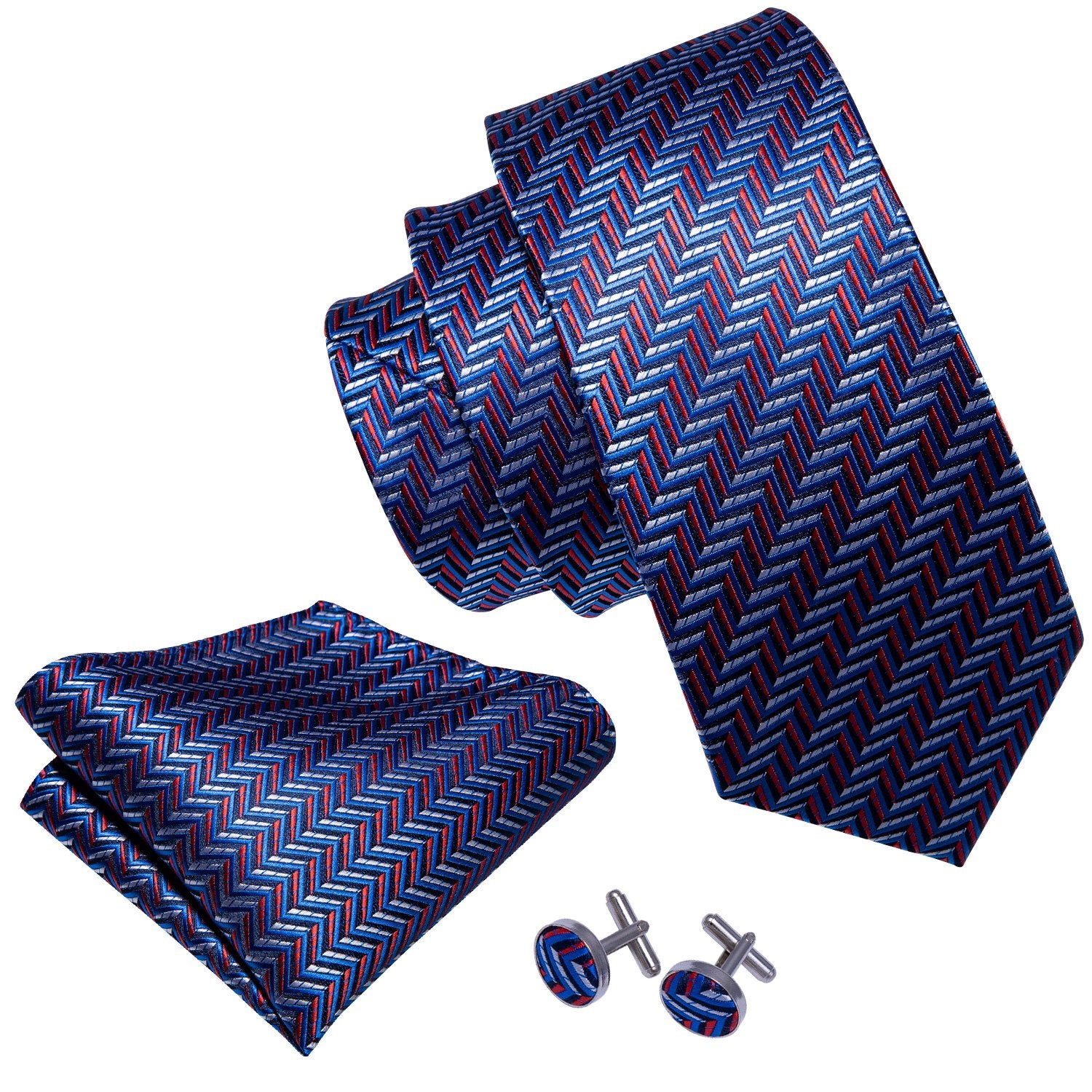 Navy Blue Red Striped Silk Fabric Tie Hanky Cufflinks Set - barry-wang