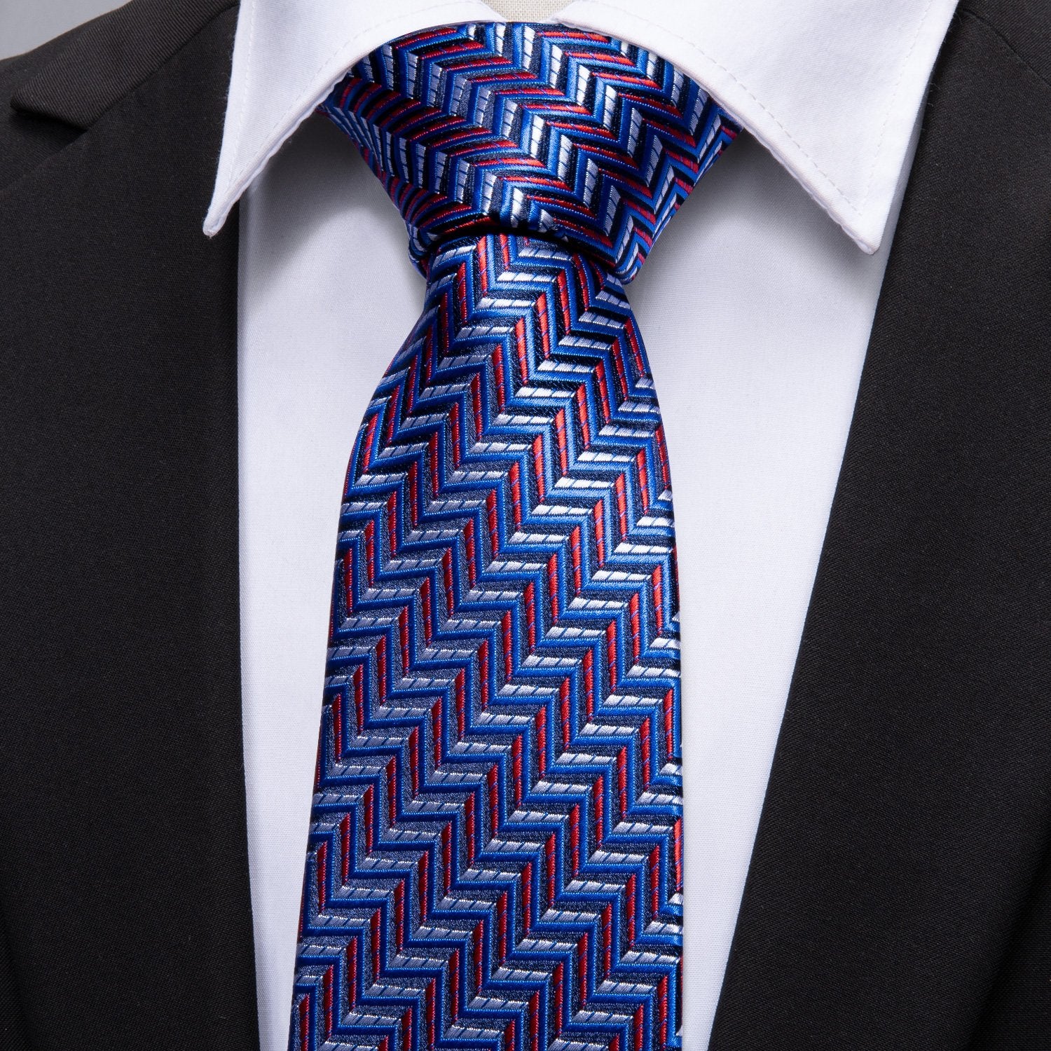 Navy Blue Red Striped Silk Fabric Tie Hanky Cufflinks Set - barry-wang