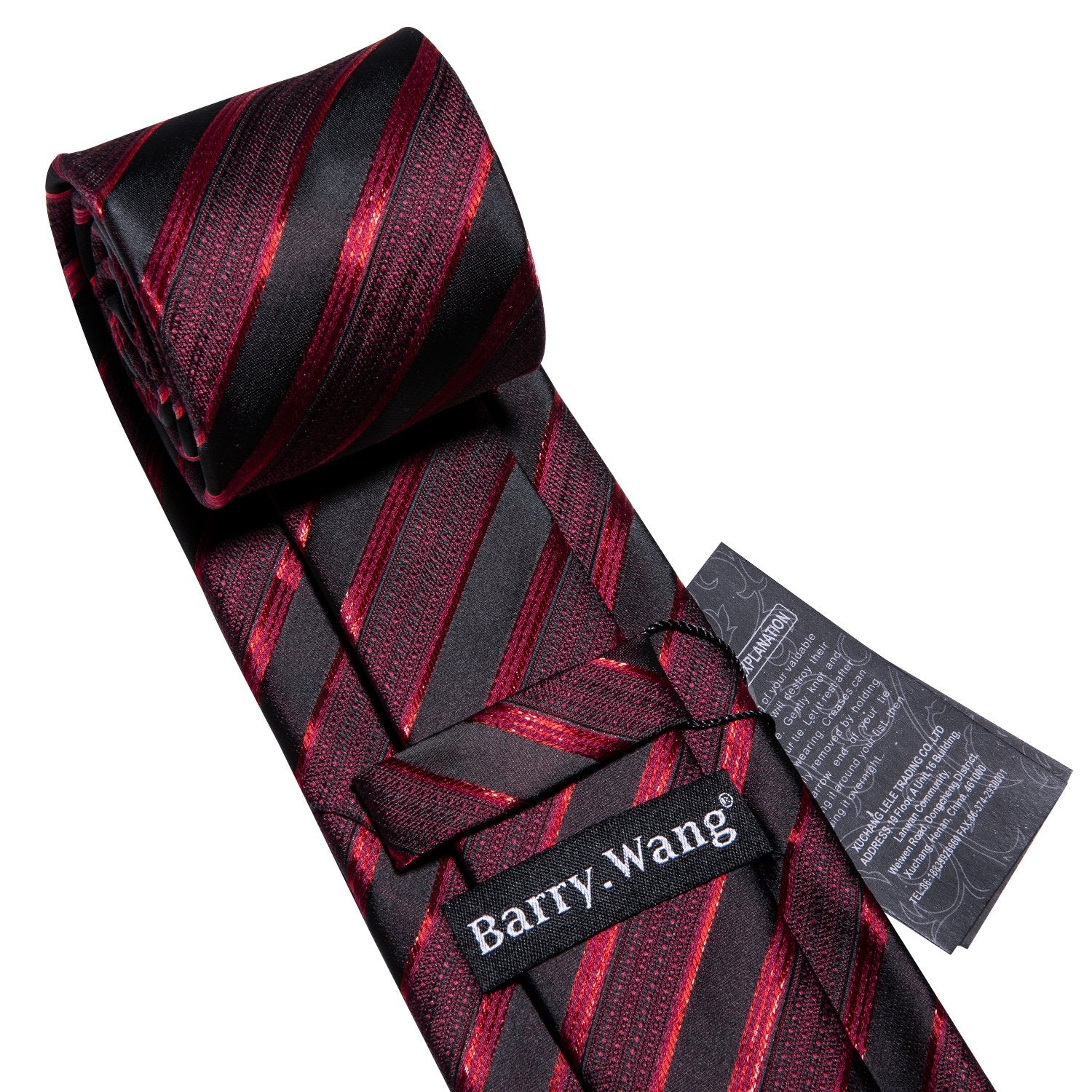 Red Black Silk Stripe Tie Hanky Cufflinks Set with Brooch