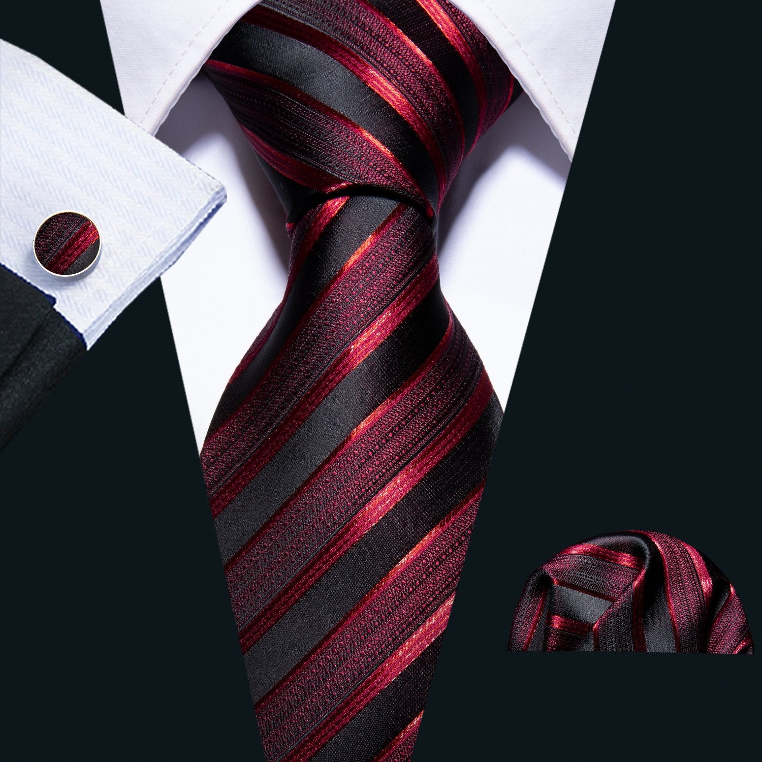 Red Black Silk Stripe Tie Hanky Cufflinks Set with Brooch