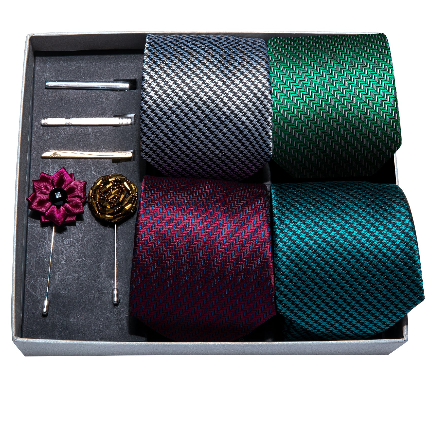 Barry Wang Gift Box Set 4pcs Striped Wedding Tie Hanky Clip Lapel Pin 