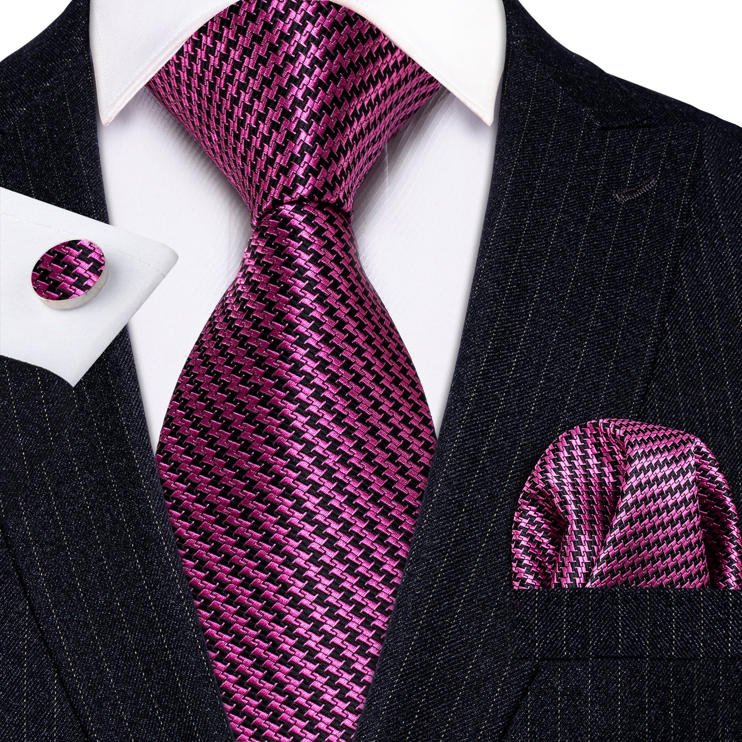 Purple Houndstooth Silk Fabric Tie Hanky Cufflinks Set