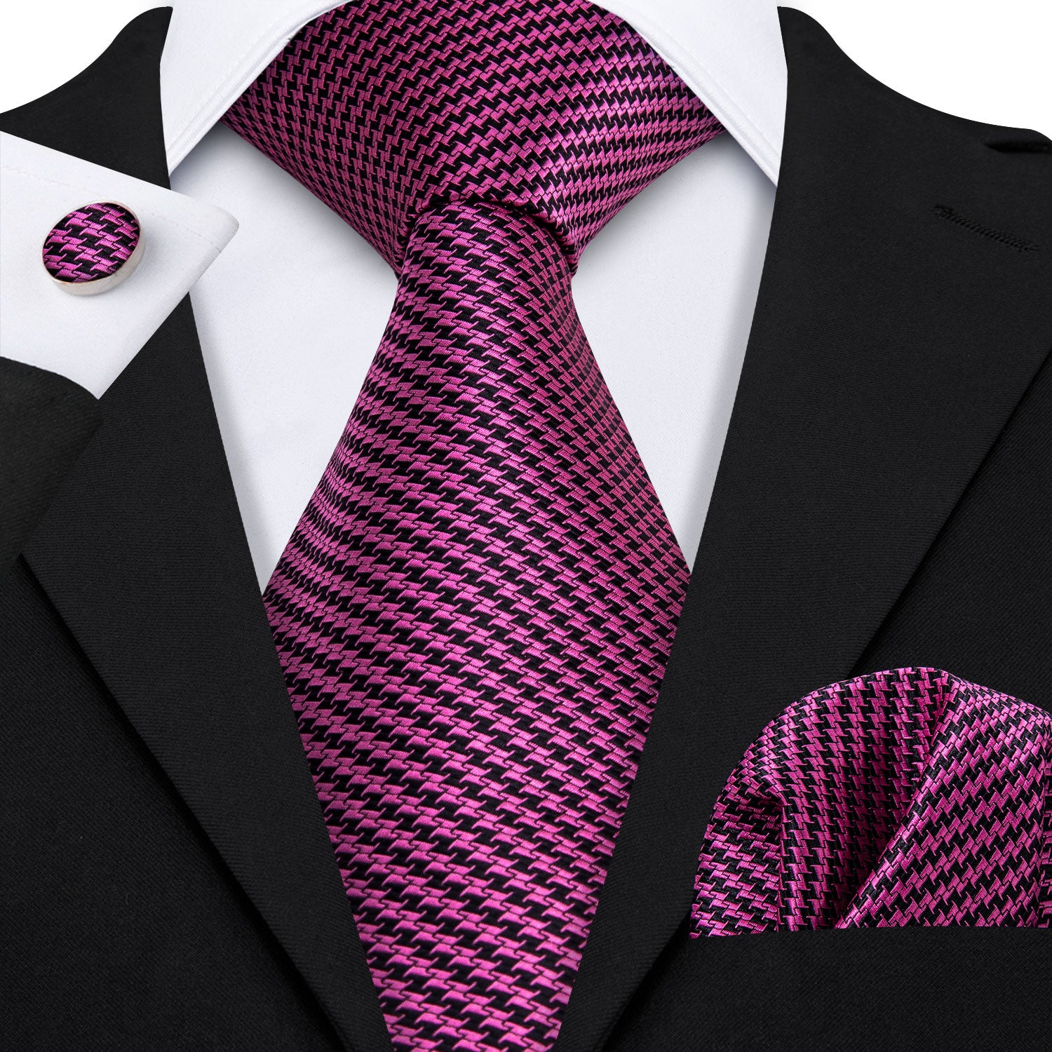 Purple Houndstooth Silk Fabric Tie Hanky Cufflinks Set