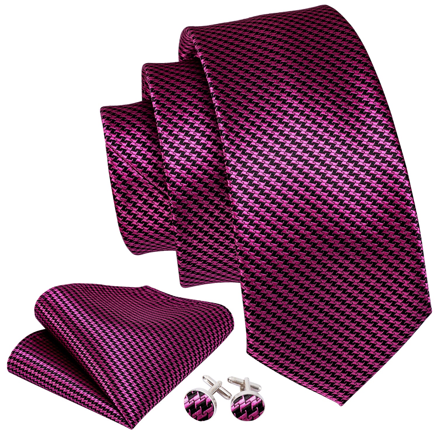 Purple Houndstooth Silk Fabric Tie Hanky Cufflinks Set