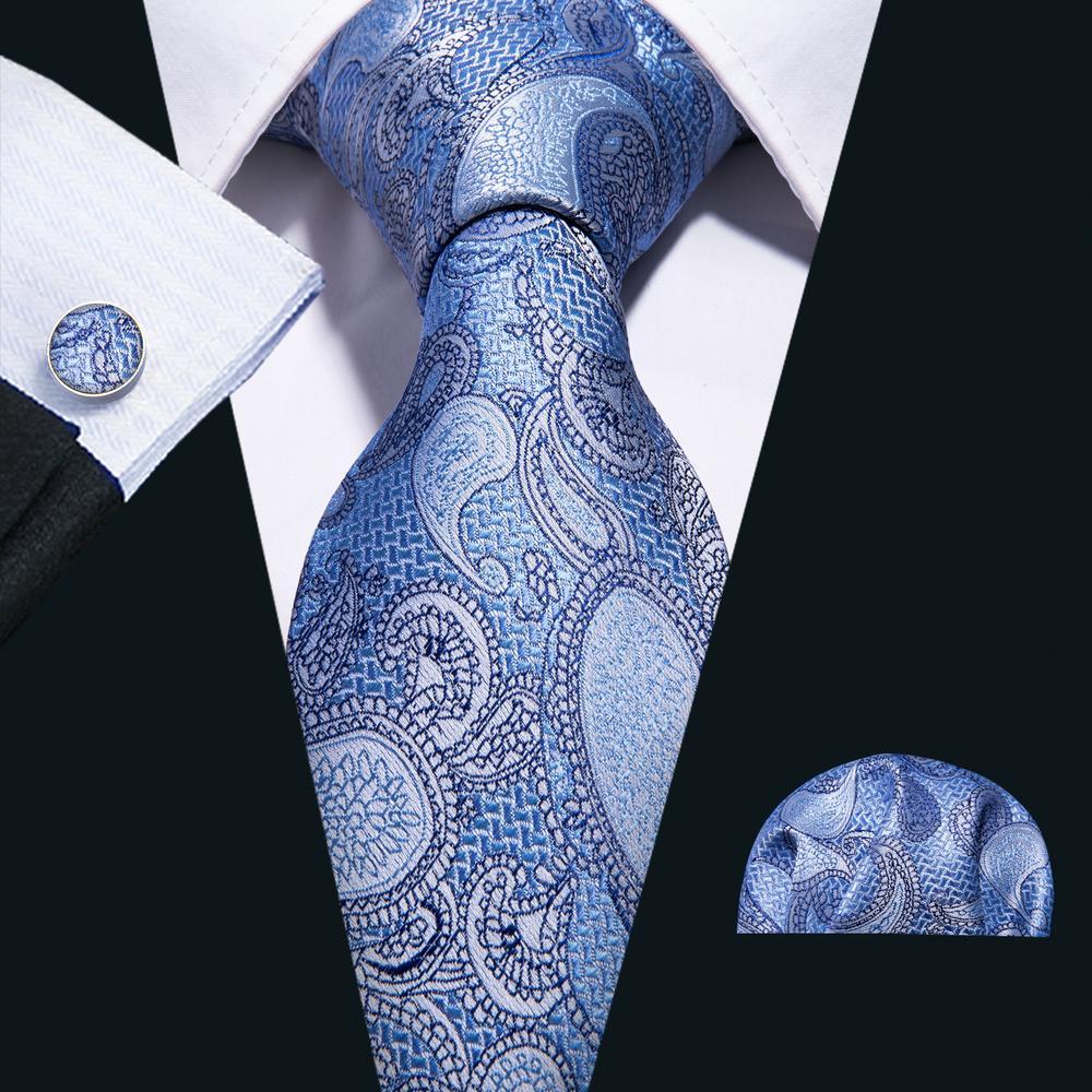 Barry Wang Sky-blue Paisley Silk Men's Tie Pocket Square Cufflinks Set