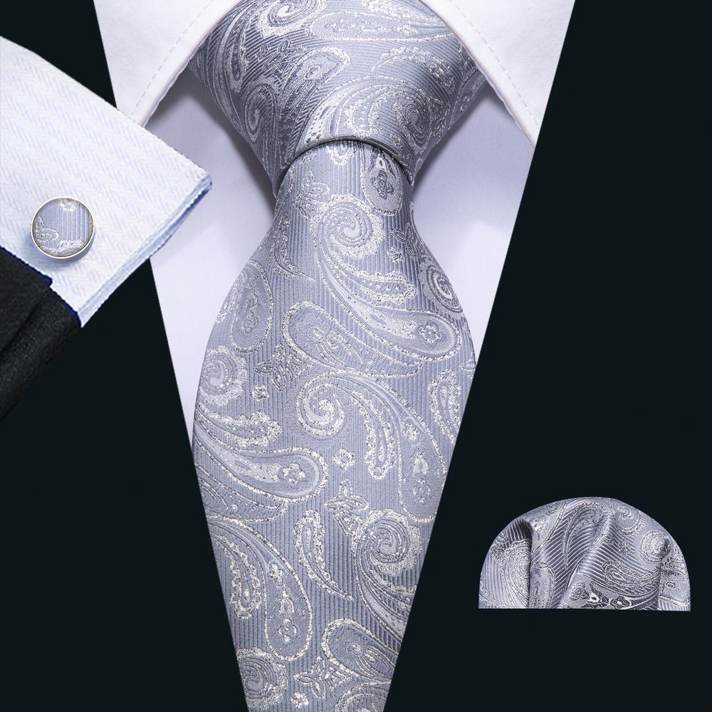 Silver Grey Paisley Silk Tie Pocket Square Cufflinks Set - barry-wang