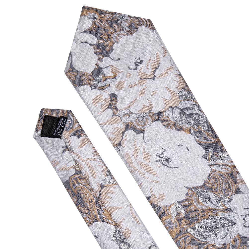 White Beige Floral Tie Pocket Square Cufflinks Set - barry-wang