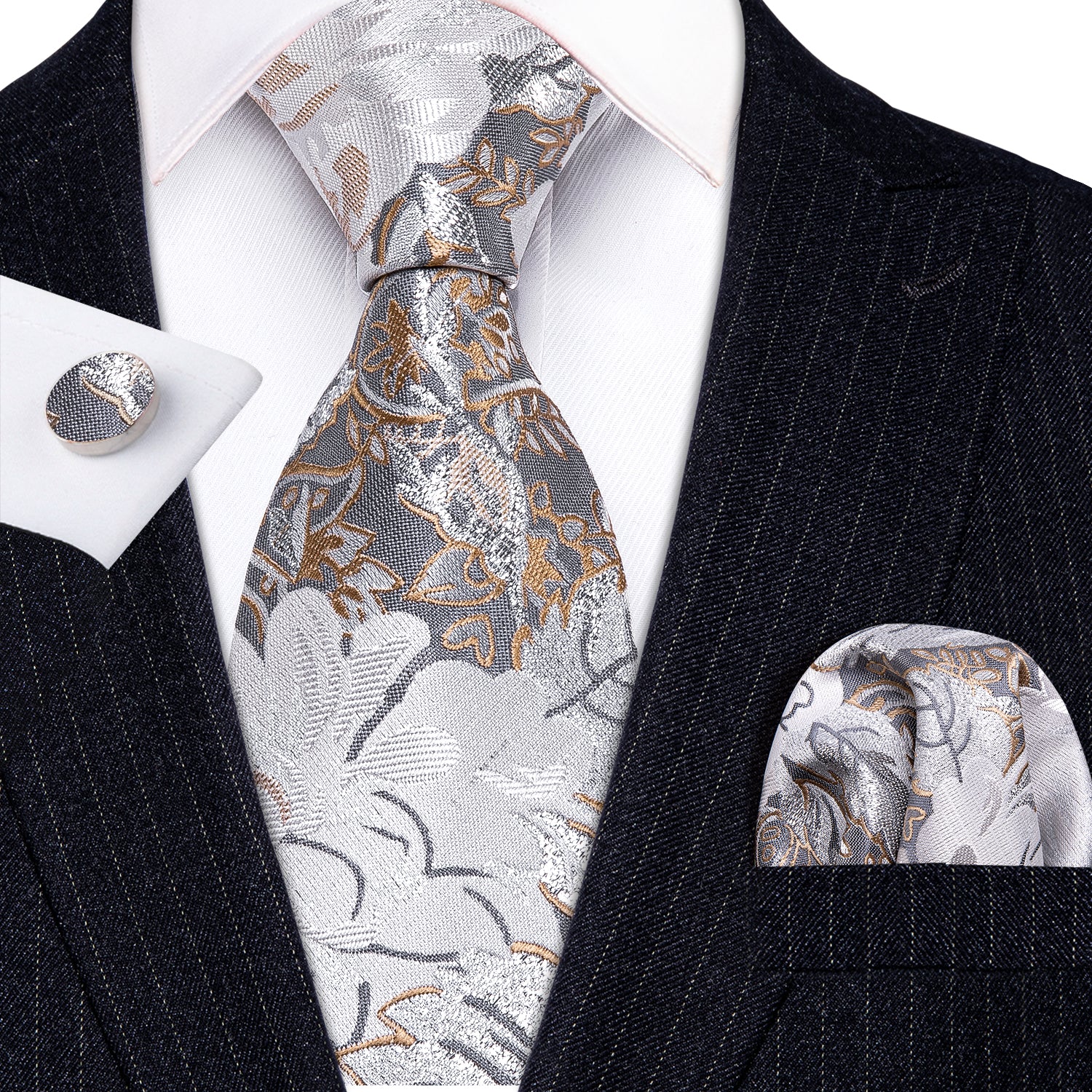 White Beige Floral Tie Pocket Square Cufflinks Set