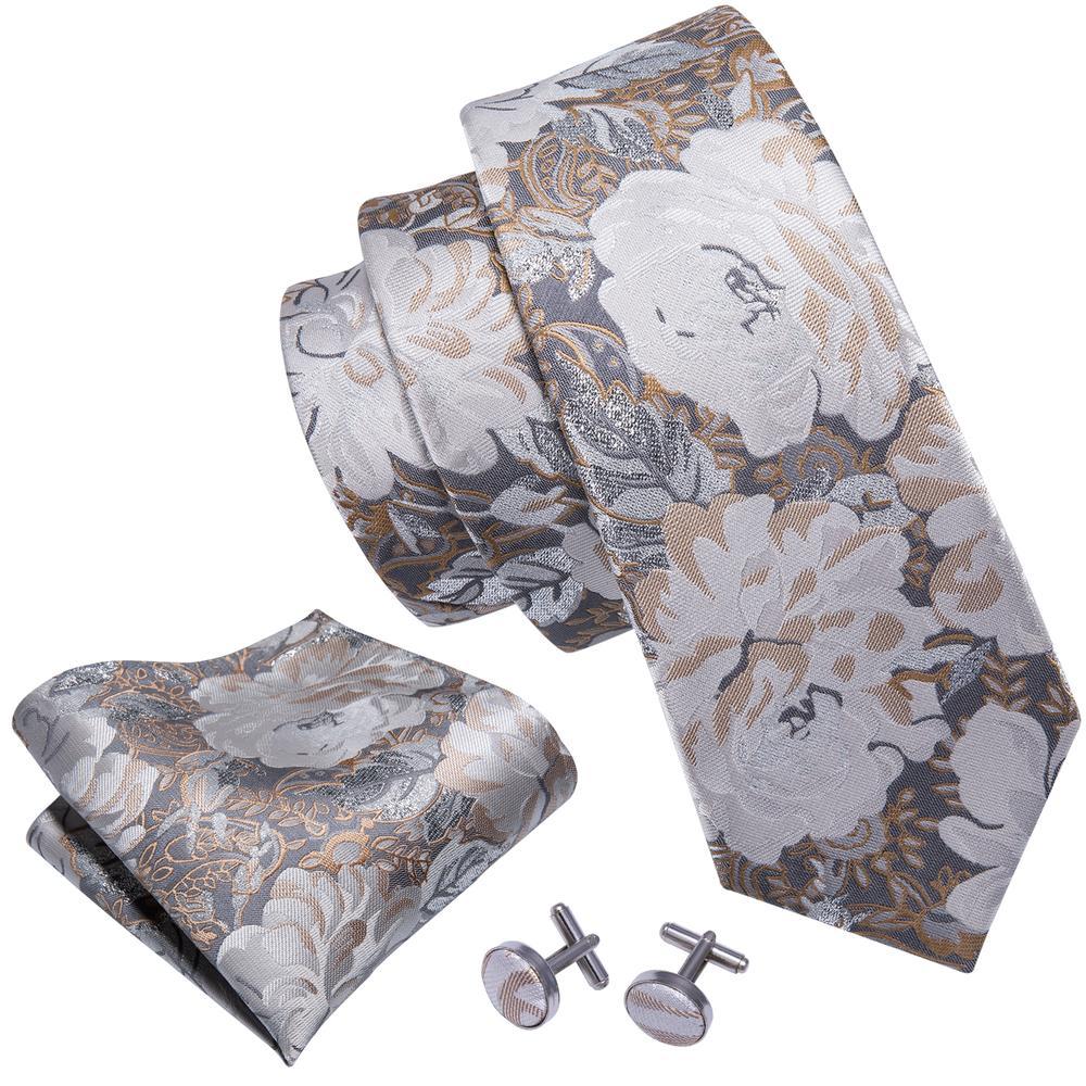 White Beige Floral Tie Pocket Square Cufflinks Set - barry-wang