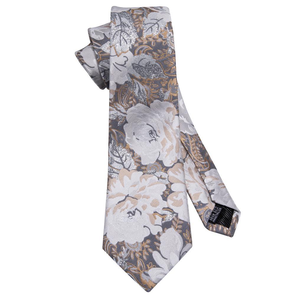 White Beige Floral Tie Pocket Square Cufflinks Set - barry-wang