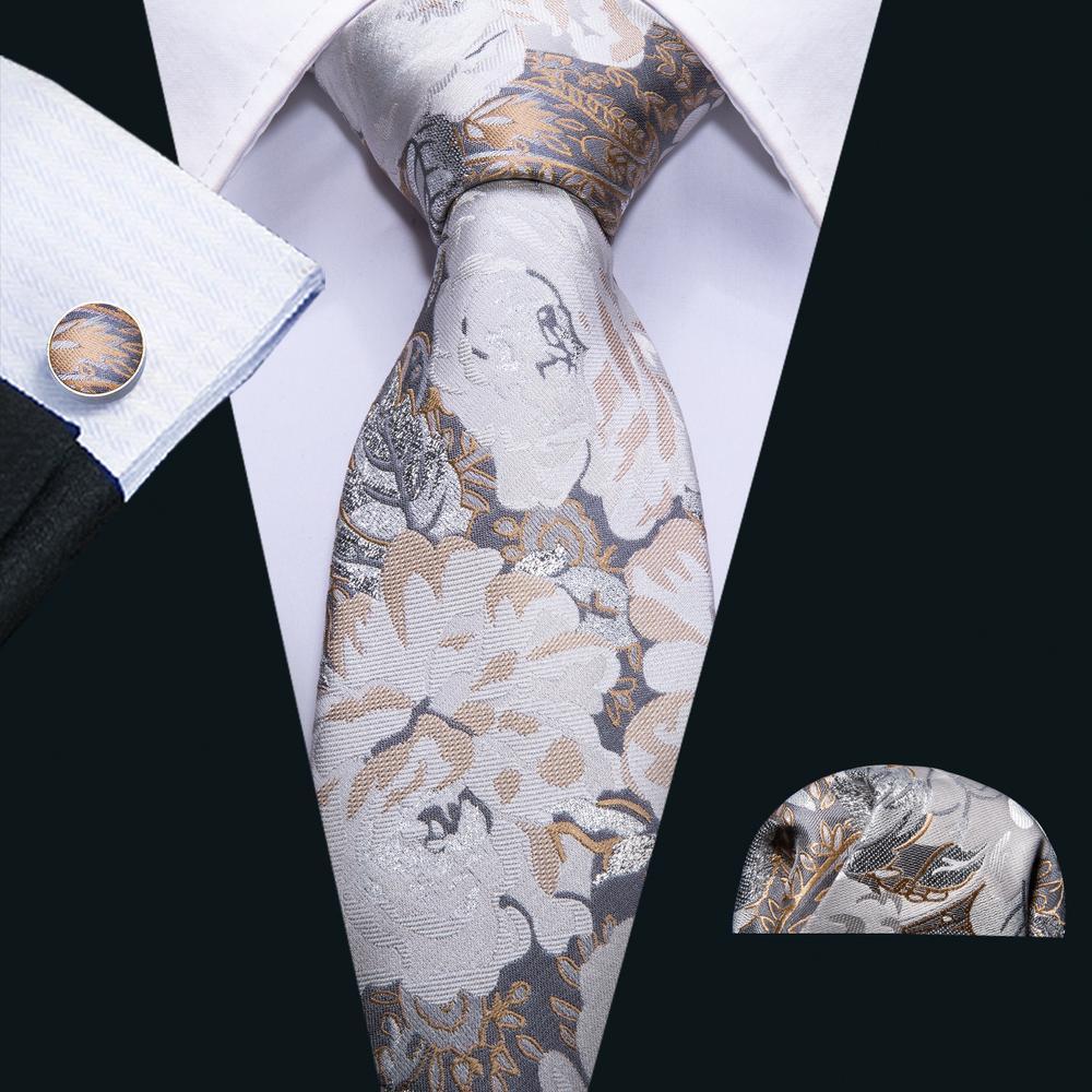 White Beige Floral Tie Pocket Square Cufflinks Set - barry-wang