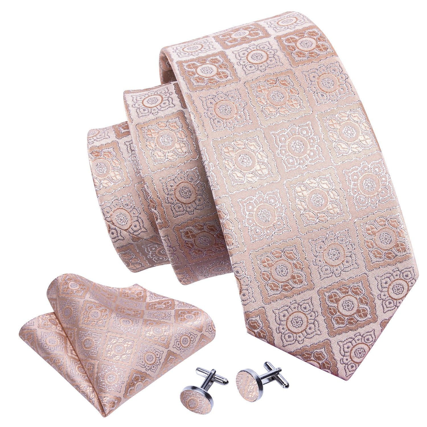 Silver Pink Plaid Tie Pocket Square Cufflinks Set