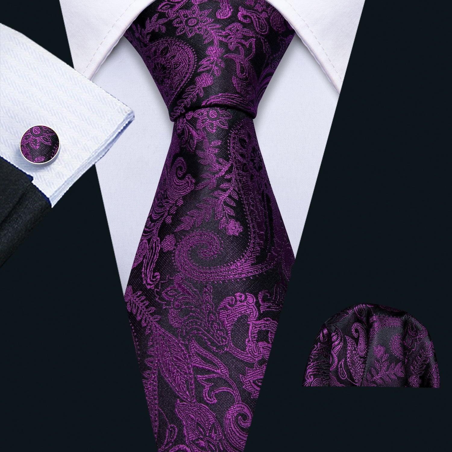 Barry Wang Men Black Purple Paisley Necktie Pocket Square Cufflink Set