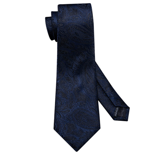 Barry Wang Dark Black Blue Paisley Necktie Pocket Square Cufflinks Set