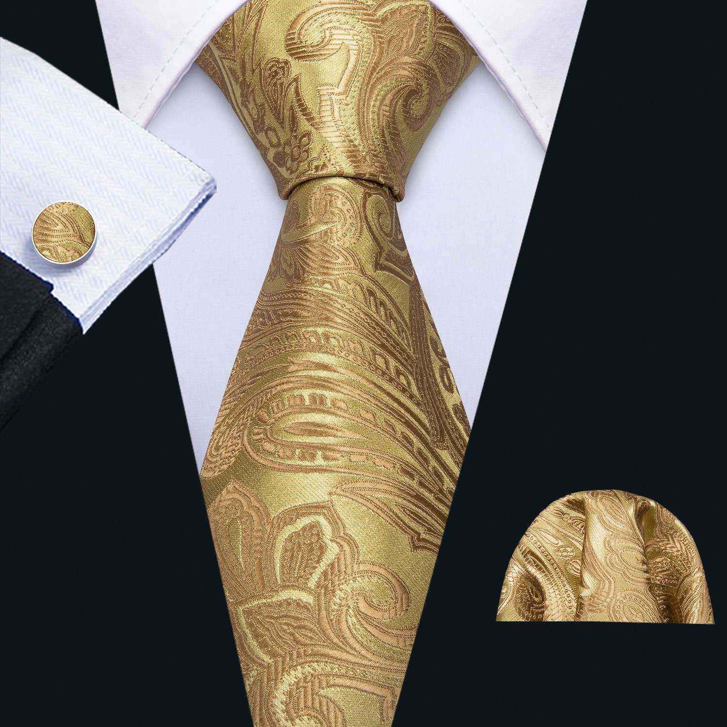 Golden Floral Necktie Pocket Square Cufflink Clip Gift Box Set