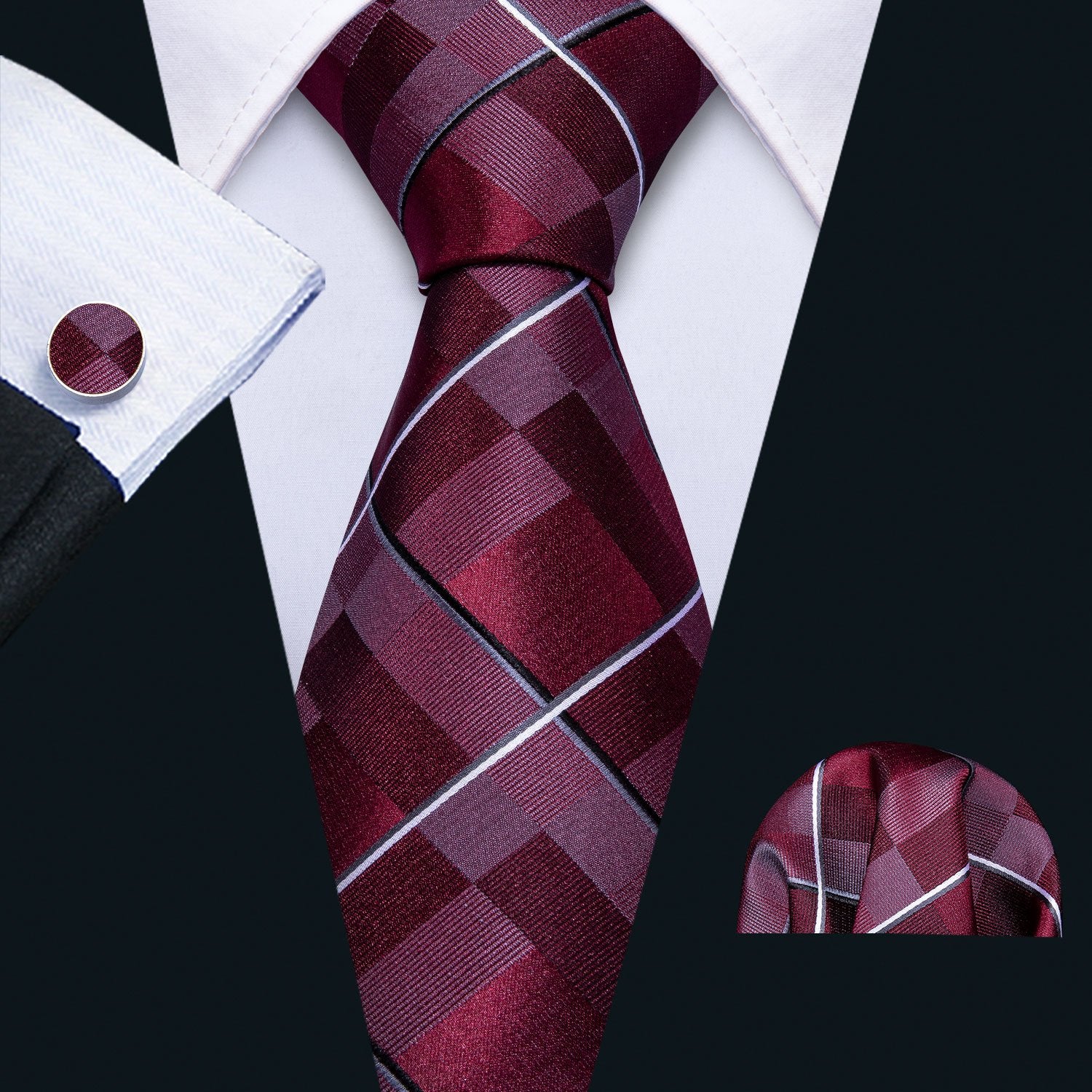 Red Plaid Necktie Pocket Square Cufflinks Set - barry-wang